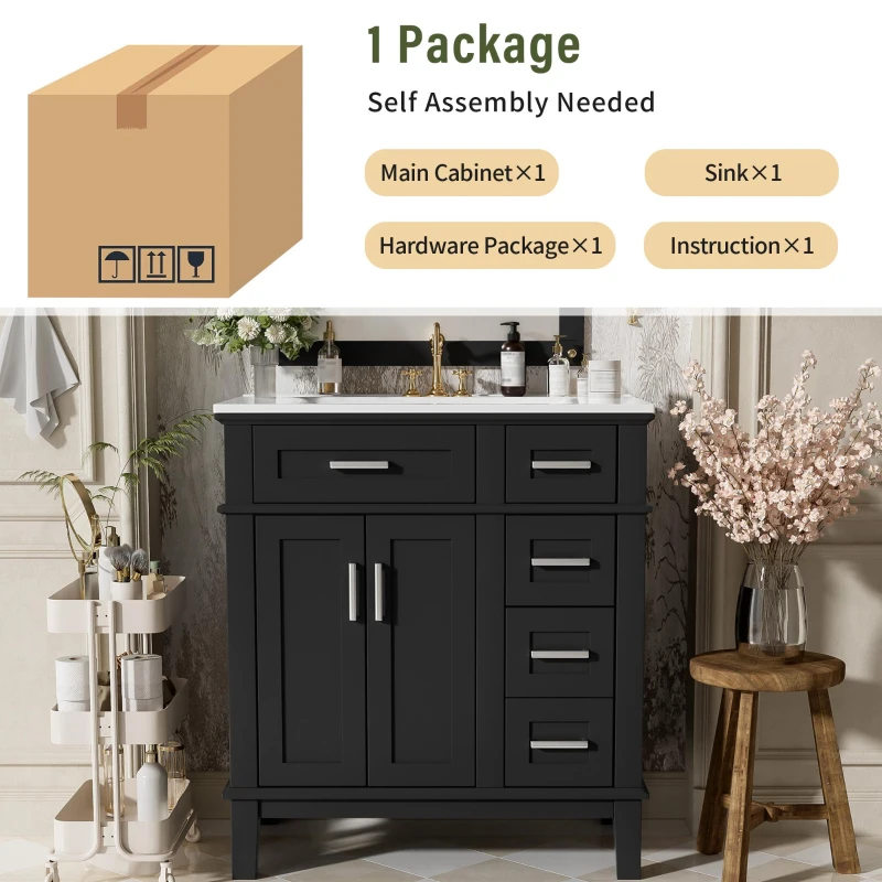 Free-Standing Bathroom Vanity with Ceramic Undermount/Drop-In Sink, Modern Storage Cabinet for Small Condos, 30'' L x 18'' W x 34'' H, Black