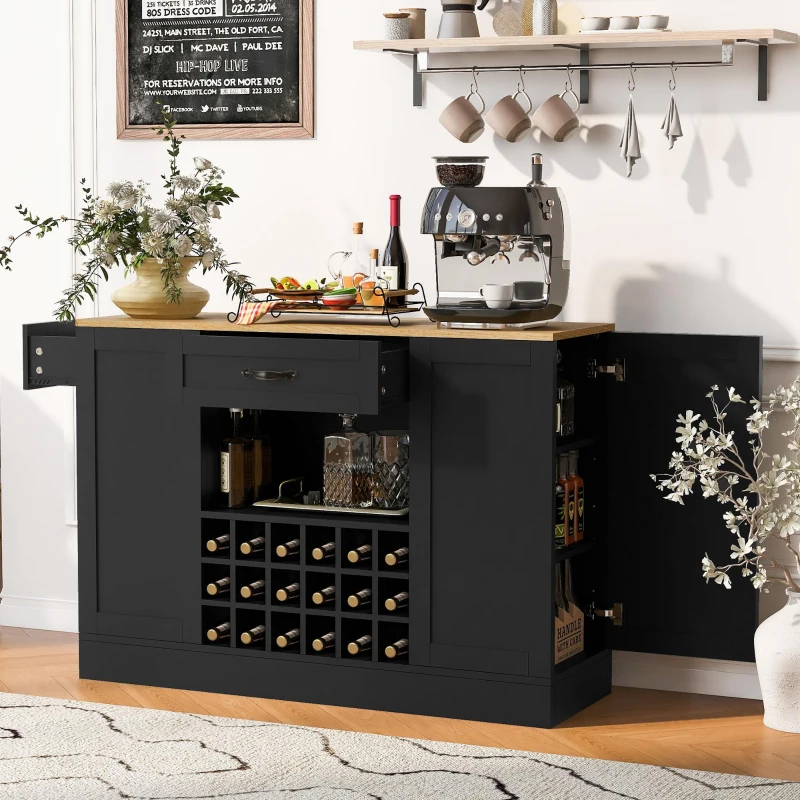Modern Wine Bar Cabinet with Built-In Power Outlet, Versatile Sideboard with Adjustable Shelves, 47" L x 15.5" W x 34" H, Black+Natural