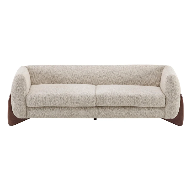 Bouclé Sherpa Sofa with Removable Seat Cushions and Spring Support, Upholstered Lounge Sofa with Wood Legs, 82.5'' L x 32'' W x 27'' H, Almond