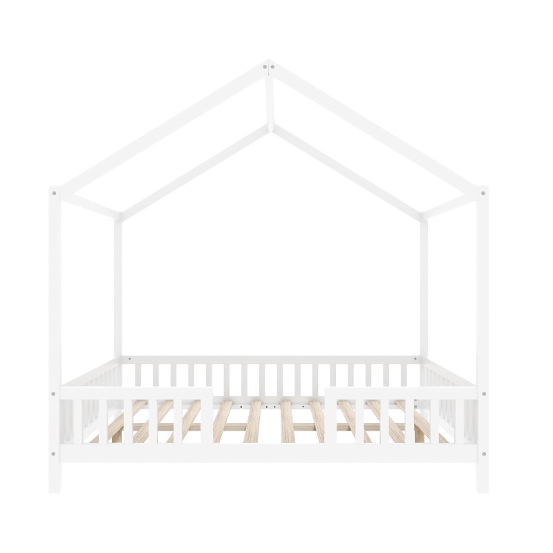 Full-Size Montessori Floor Bed with Canopy and Sturdy Pine, House-Style Platform Bed for Kids' Rooms, 78.5'' L x 56.5'' W x 78'' H, White