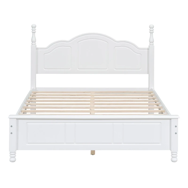 Full Size Wood Platform Bed with Wood-Finished Headboard, Retro-Style Bed Frame for Modern Condos, 80'' L x 56'' W x 43.5'' H, White