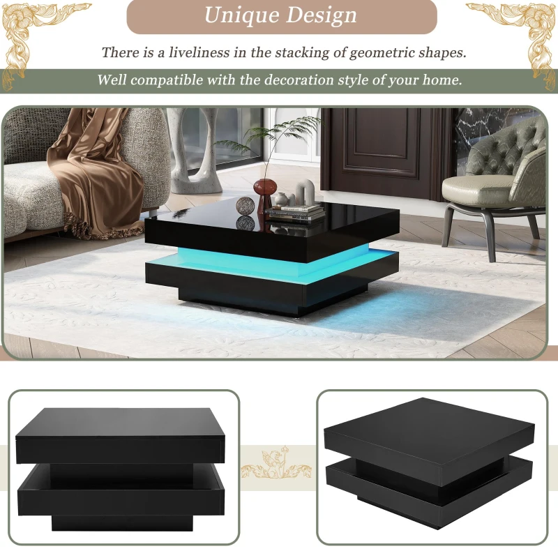 Square High-Gloss Coffee Table with App-Controlled LED Lighting, Modern Center Table with Double-Layer Storage, 27.5" L x 27.5" W x 14" H, Black