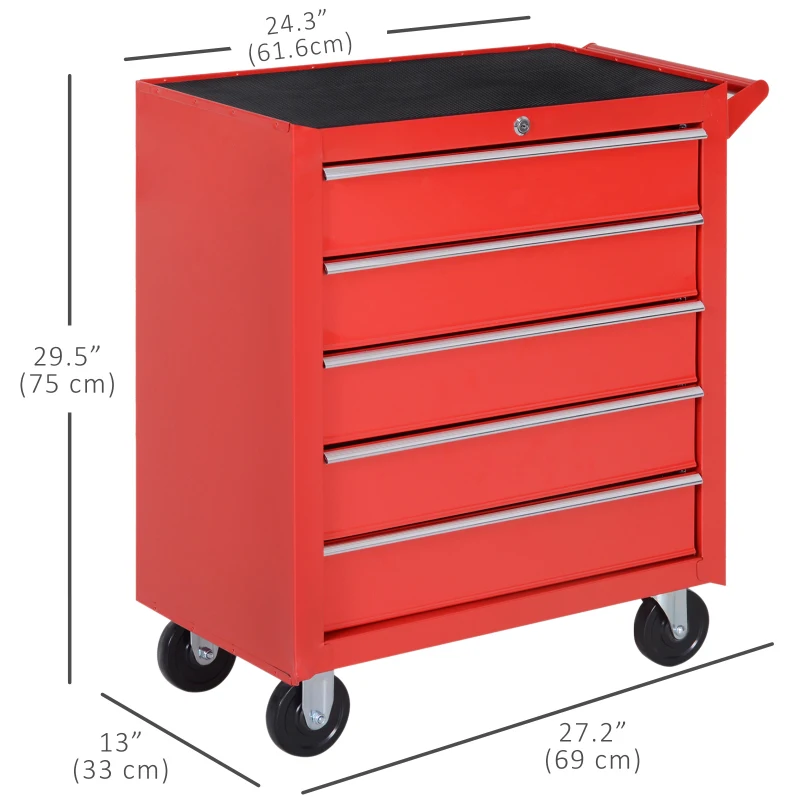 HOMCOM 5 Drawer Roller Tool Chest, Mobile Lockable Toolbox, Storage Organizer with Handle for Workshop Mechanics Garage, Red