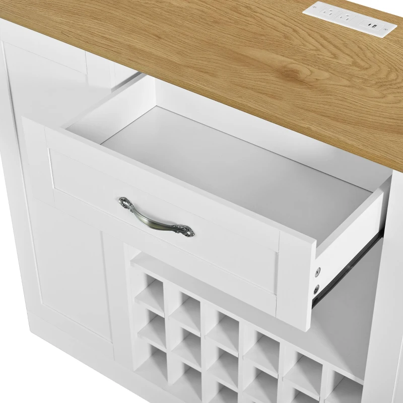 Modern Wine Bar Cabinet with Built-In Power Outlet, Versatile Sideboard with Adjustable Shelves, 47" L x 15.5" W x 34" H, White+Natural