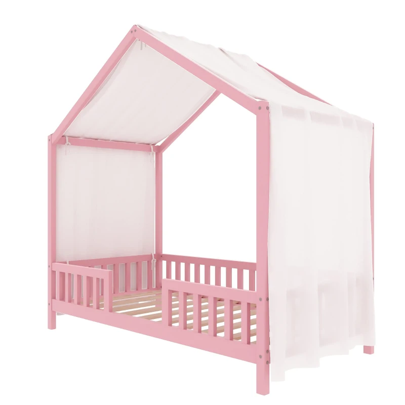 Twin-Size House-Style Toddler Bed Frame with 4-Sided High Railings, Montessori Floor Bed with Canopy, 78.5'' L x 41.5'' W x 78'' H, Pink