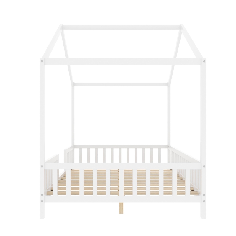 Full-Size Montessori Floor Bed with Canopy and Sturdy Pine, House-Style Platform Bed for Kids' Rooms, 78.5'' L x 56.5'' W x 78'' H, White