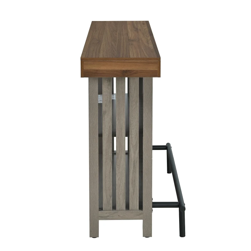 3-In-1 Dining Table with Marble-Grain MDF Top, Space-Saving Bar Table with Metal Footrest, 63" L x 15.5" W x 41" H, Grey