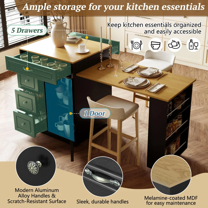 Stylish Mobile Bar Table with Extendable Countertop, Spacious Kitchen Counter with Storage Shelf, 73″ L x 27.5″ W x 41.5″ H, Black+Natural
