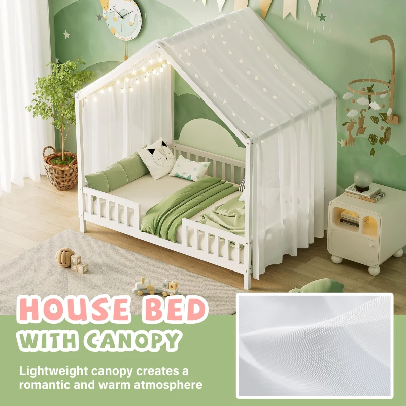 Full-Size Montessori Floor Bed with Canopy and Sturdy Pine, House-Style Platform Bed for Kids' Rooms, 78.5'' L x 56.5'' W x 78'' H, White