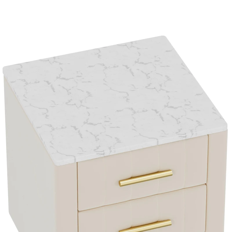 Upholstered Nightstand with 3 Drawers, Marble-Effect Top and Metal Legs, Beige Beside Table with Plywood Frame, 16.5'' L x 16.5'' W x 22'' H, Beige