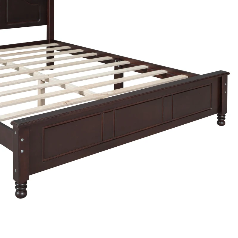 Queen Size Wood Bed with 10 Plywood Slats and Retro-Style Headboard, Modern Platform Bed with Warm Wood Finish, 85'' L x 62.5'' W x 43.5'' H, Walnut