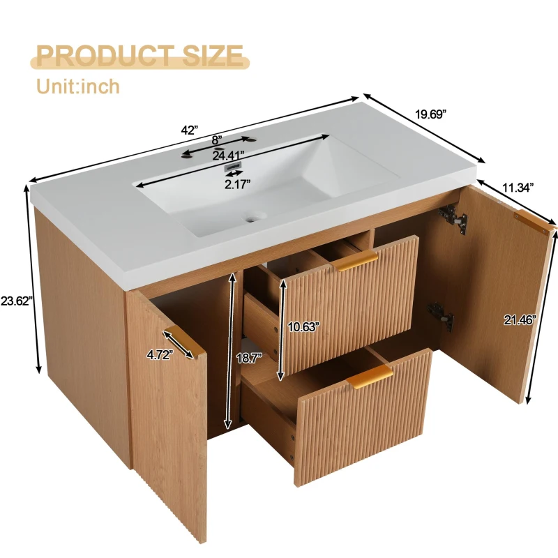 Single Sink Bathroom Vanity with SMC Integrated Sink, Wall-Mounted Floating Cabinet for Contemporary Homes, 42'' L x 19.5'' W x 23.5'' H, Wood