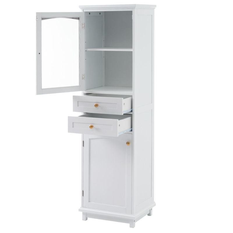 Tall Bathroom Storage Cabinet with Glass Doors, Free-Standing with Adjustable Shelves and Drawers, 18" L x 14" W x 63" H, White