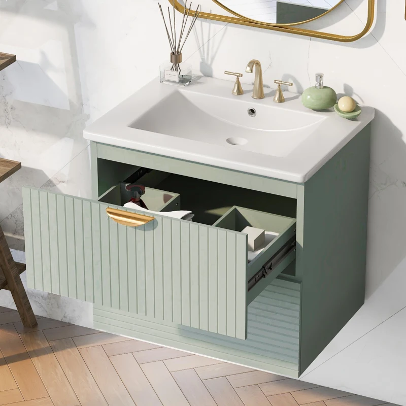Modern Wall-Mounted Bathroom Vanity with 2 Drawers, Space-Saving Design for Small Bathrooms, 24" L x 18" W x 23" H, Green