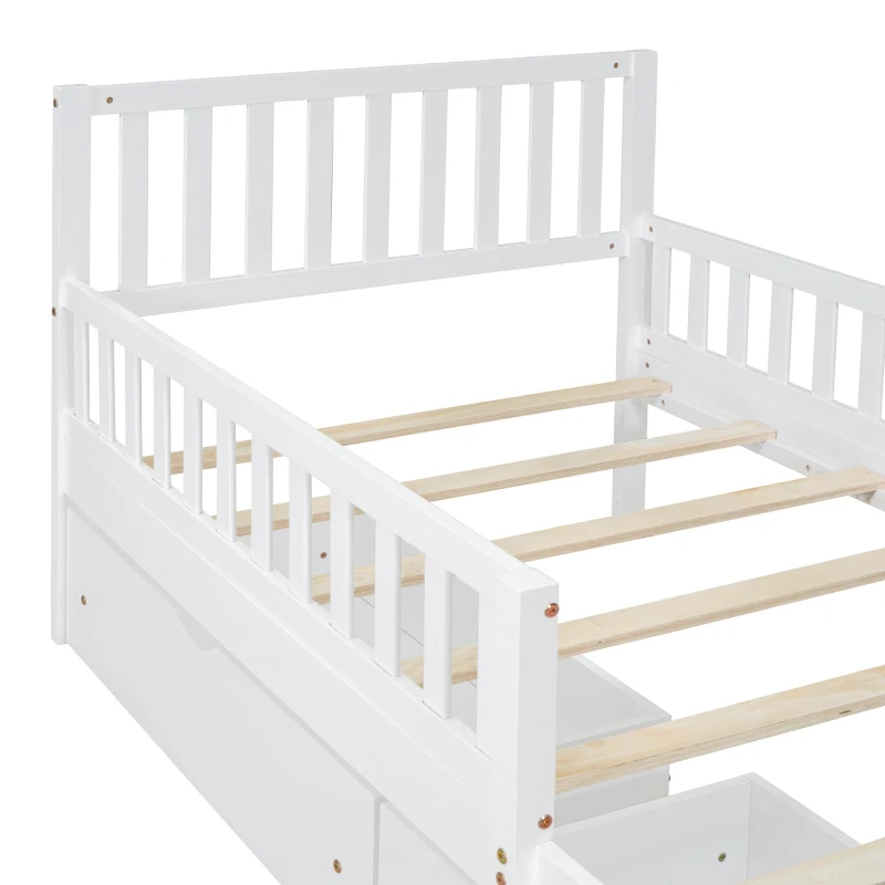 Twin Wood Platform Bed with 2 Under-Bed Storage Drawers, Solid Bed Frame for Children or Restless Sleepers, 77.5'' L x 42'' W x 34.5'' H, White