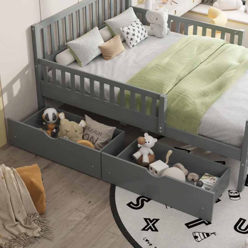 Full Size Wood Platform Bed with 2 Under-Bed Storage Drawers, Solid Bed Frame with Guardrails on Both Sides, 77.5'' L x 57.5'' W x 34.5'' H, Grey