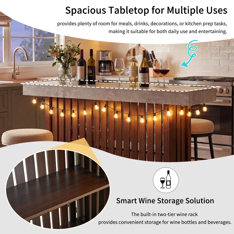 3-In-1 Dining Table with Marble-Grain MDF Top, Space-Saving Bar Table with Metal Footrest, 63" L x 15.5" W x 41" H, Brown