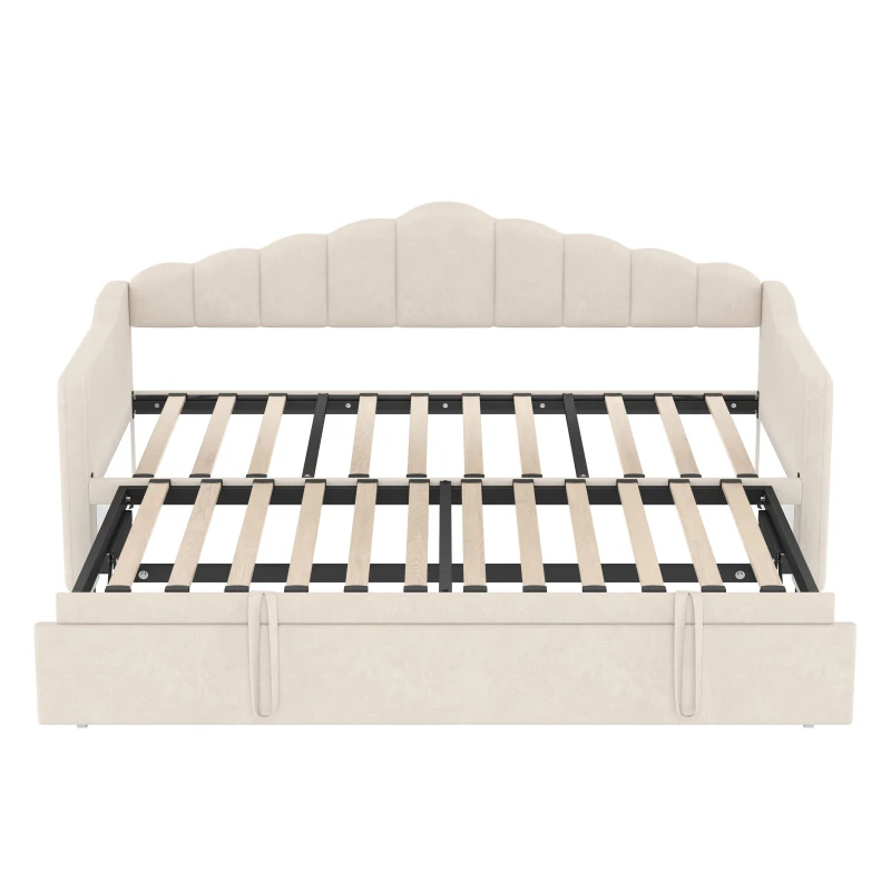Upholstered Twin Size Daybed with Height-Adjustable Pop-Up Trundle, Lift-Up Trundle Bed with Type-C Charging Port, 82.5'' L x 41'' W x 40'' H, Beige