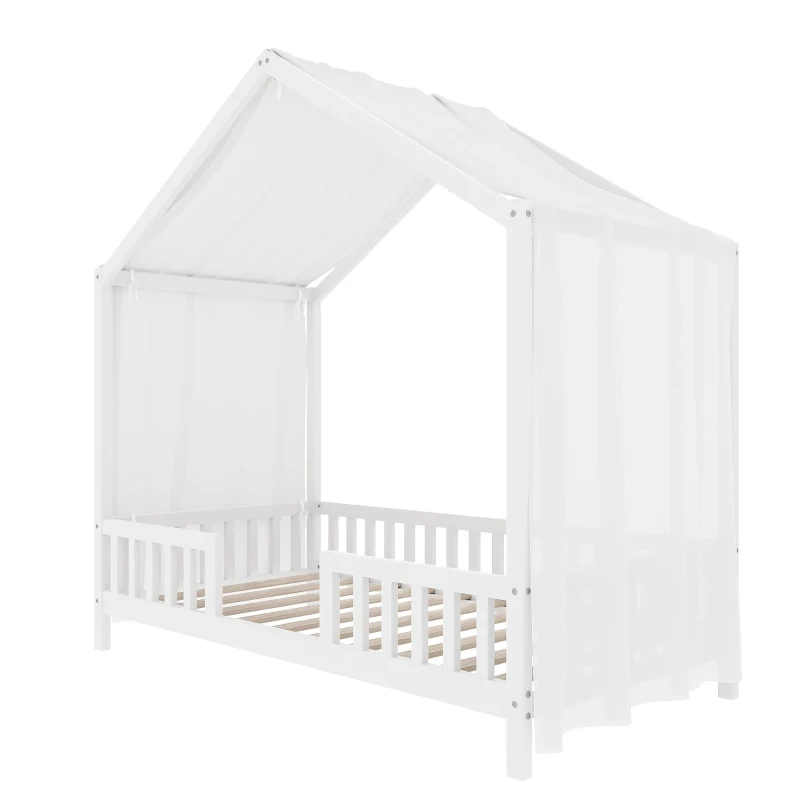 Twin House-Shaped Toddler Bed with 4 High Guard Railings & Roof Frame, Montessori Floor Bed with Canopy, 78.5'' L x 41.5'' W x 78'' H, White
