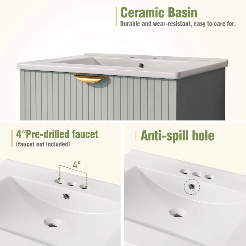 Modern Wall-Mounted Bathroom Vanity with 2 Drawers, Space-Saving Design for Small Bathrooms, 24" L x 18" W x 23" H, Green