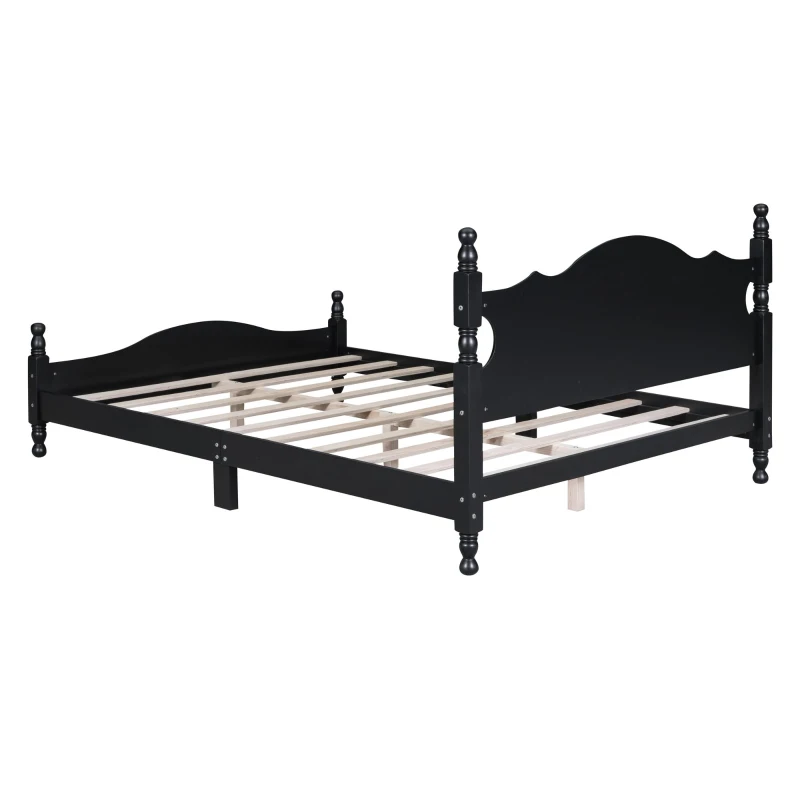Queen Size Platform Bed with Retro Headboard and 10 Plywood Slats, Durable Bed Frame with Plywood Construction, 85'' L x 62.5'' W x 39.5'' H, Black