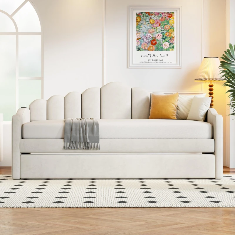 Twin Upholstered Daybed with Trundle and 2 USB Charging Ports, Velvet Sofa Bed with Side Storage Pockets, 80'' L x 42'' W x 40'' H, Beige