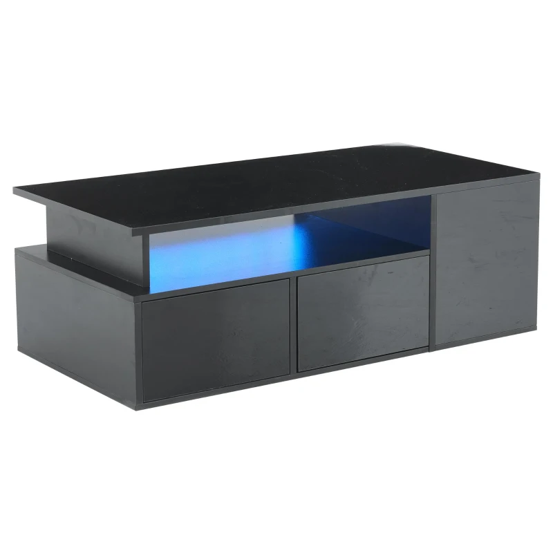 High-Gloss LED Coffee Table with App-Controlled Colour Light Strip, Functional Center Table with Open Storage, 39.5" L x 19.5" W x 13.5" H, Black