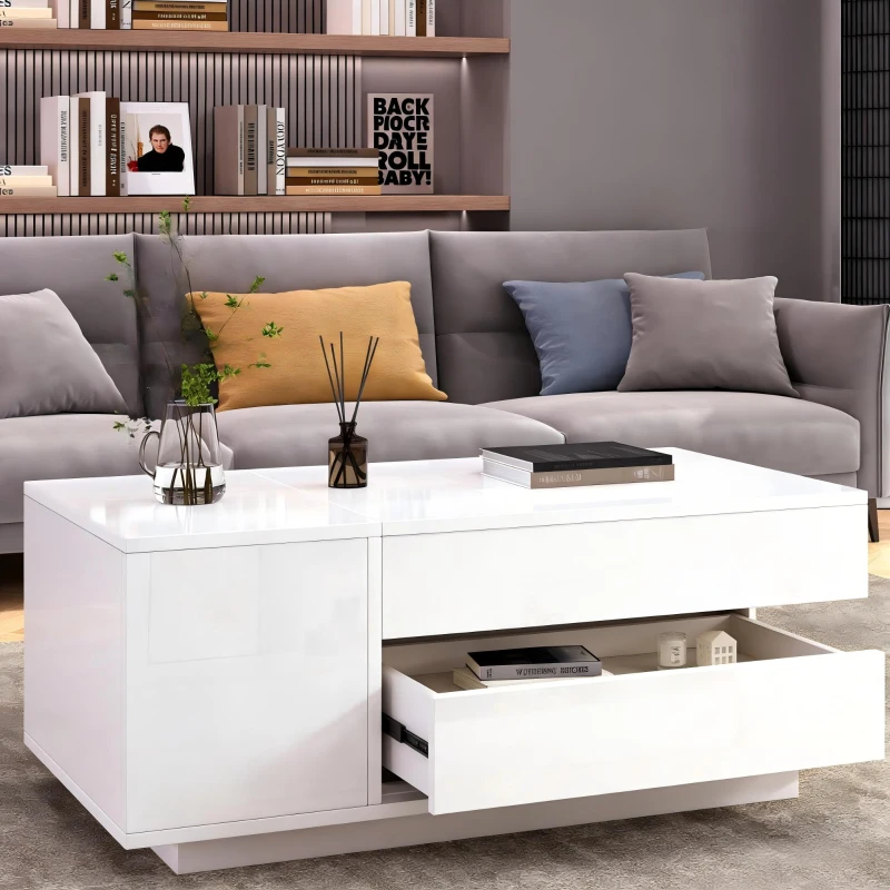 Height-Adjustable Coffee Table with App-Controlled RGB LED Lighting, Modern Center Table with Hidden Storage, 37.5" L x 19.5" W x 15.5" H, White