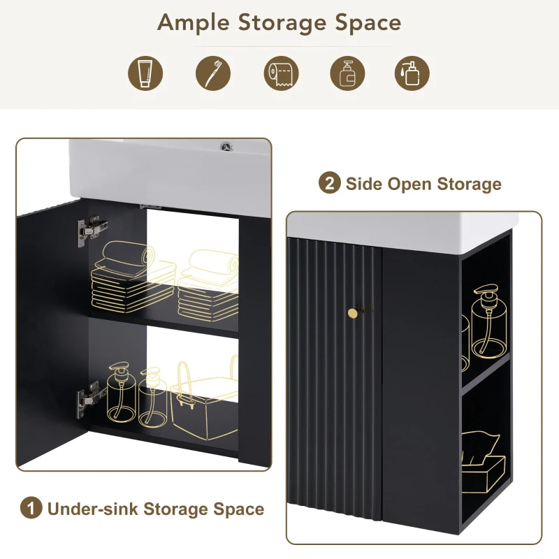 Modern Floating Bathroom Vanity with Ceramic Basin and Right Side Storage, Cabinet with Gold Handle, 21.5" L x 12" W x 26.5" H, Black+White