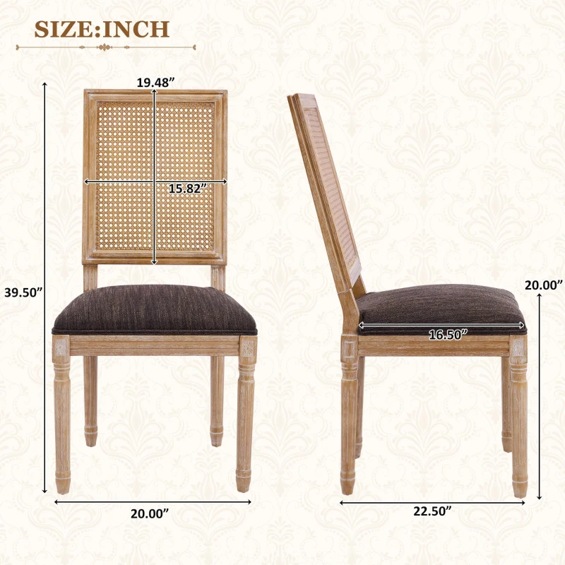 Set for 2 Dining Chairs with Rectangular Cane Backrest and Padded Seat, Cane Back Dining Seating with Fluted Legs, 20'' L x 22'' W x 39.5'' H, Brown