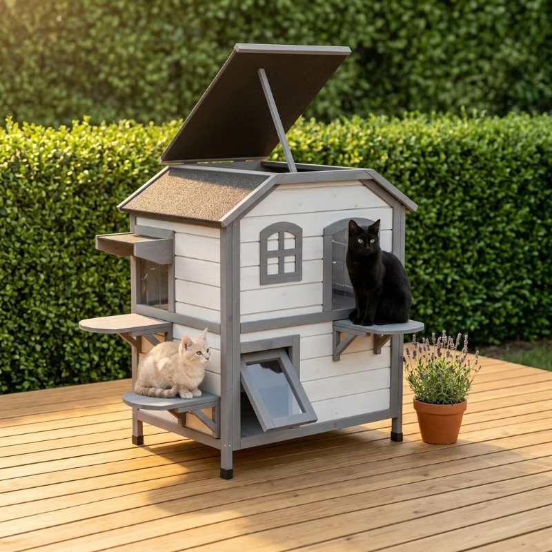 PawHut Wooden 2-Story Outdoor Cat House, Feral Cat Shelter Kitten Condo with Openable Asphalt Roof and 4 Platforms, White