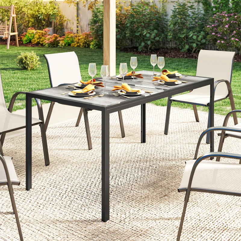 Outsunny Outdoor Dining Table for 4-6, 59" Outdoor Patio Table with Metal Legs, Wood-Effect Top, Grey