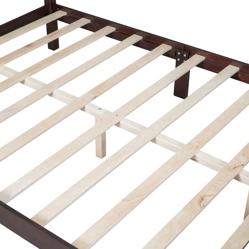 Queen Size Wood Bed with 10 Plywood Slats and Retro-Style Headboard, Modern Platform Bed with Warm Wood Finish, 85'' L x 62.5'' W x 43.5'' H, Walnut