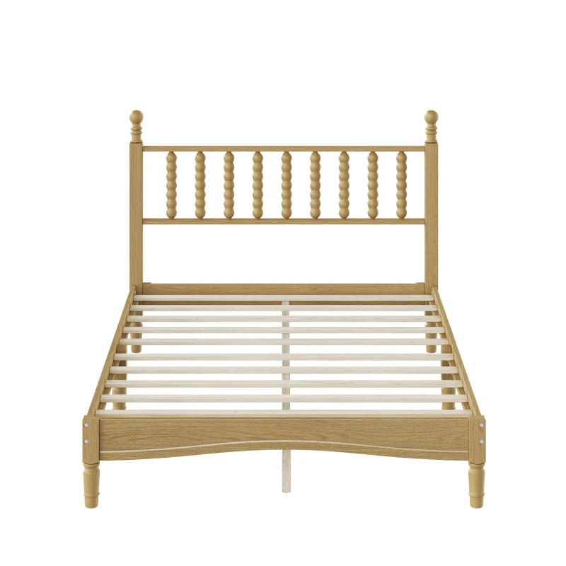 Full Size Wood Platform Bed with Gourd-Shaped Headboard, Solid Bed Frame for Eclectic Bedrooms, 79'' L x 57'' W x 45'' H, Natural