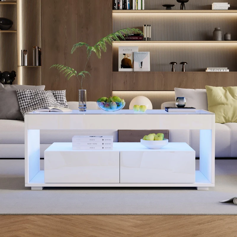 High-Gloss Coffee Table with App-Controlled RGB LED Strip, Spacious Center Table with Open Double-Layer Storage, 39.5" L x 19.5" W x 15.5" H, White