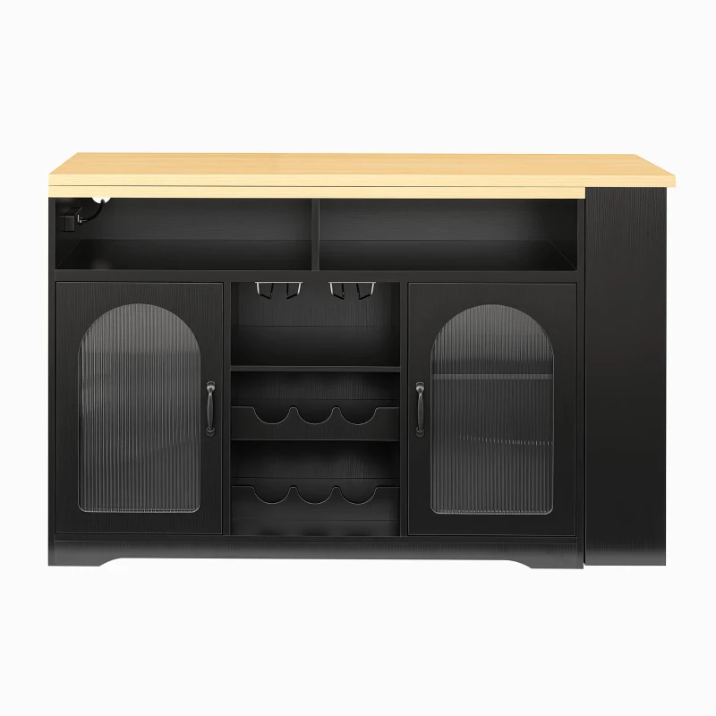 Multifunctional Bar Table with App-Controlled LED Lighting, Stylish Kitchen Island with Extendable Rolling Top, 47" L x 15.5" W x 36.5" H, Black+Natural