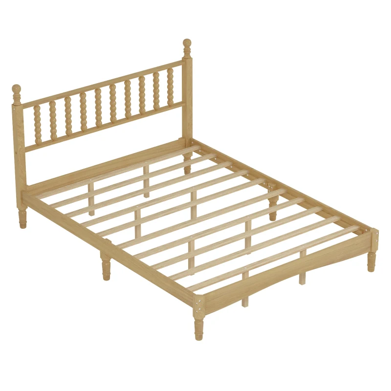 Queen Size Wood Platform Bed with Retro Gourd-Shaped Headboard, Solid Bed Frame for Eclectic Bedrooms, 84.5'' L x 63.5'' W x 45'' H, Natural