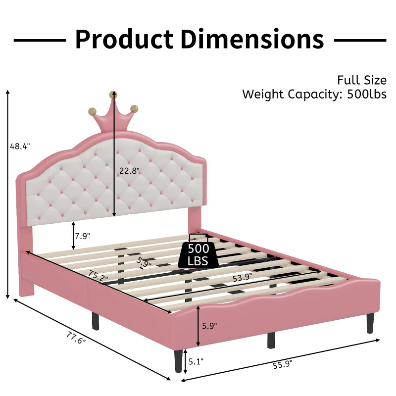 Full Size Princess Platform Bed with Crown-Tufted Headboard, Sturdy Bed Frame for Kid-Friendly Bedrooms, 77.5'' L x 56'' W x 48.5'' H, Pink