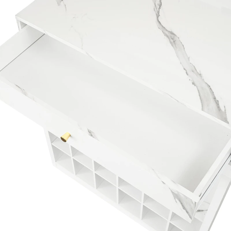 Modern Bar Table with 4-in-1 Extendable Pull-Out Table and Lockable Wheels, Kitchen Island with Adjustable Shelf, 82.5" L x 32.5" W x 28" H, White