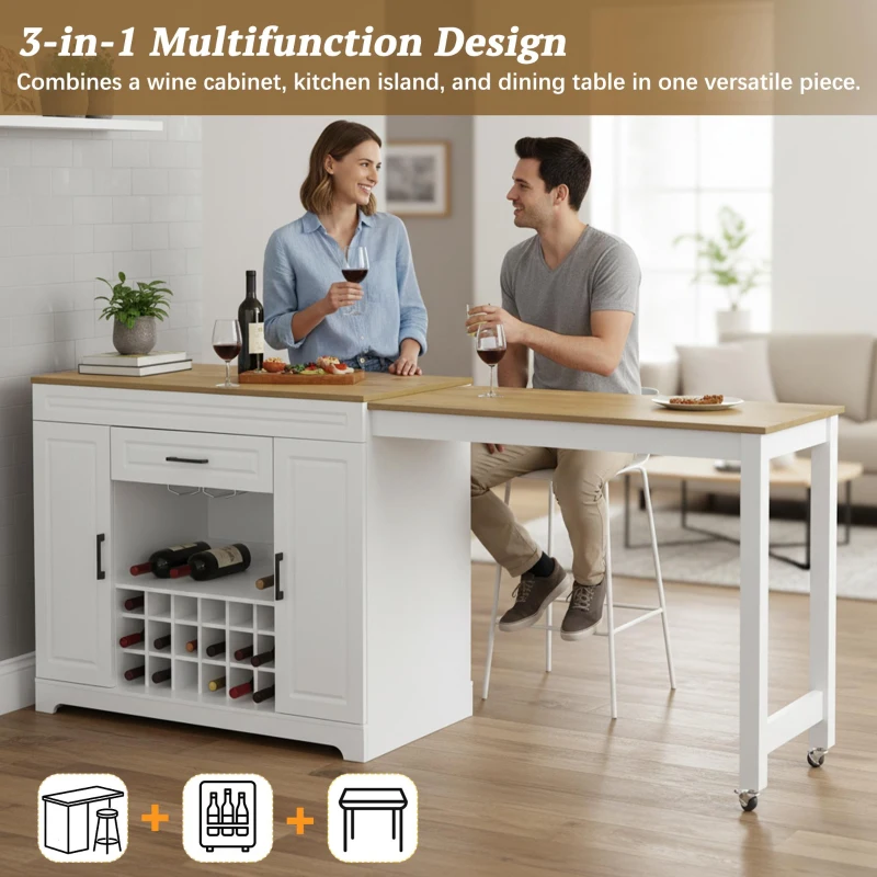 Expandable Bar Table with Adjustable Shelves and Rear Casters, Versatile Kitchen Counter with 2 Doors, 87.5″ L x 19.5″ W x 36″ H, White+Natural
