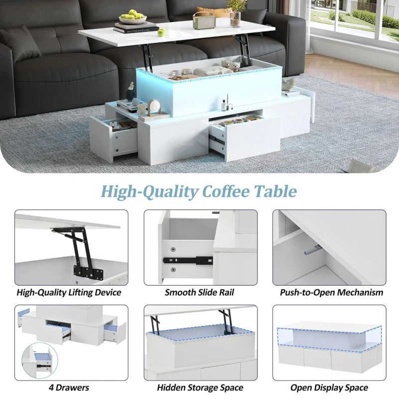 Sleek Lift-Top Coffee Table with Hydraulic Lift and App-Controlled LED Lighting, Versatile Center Table with Hidden Storage, 39.5" L x 19.5" W x 15.5" H, White