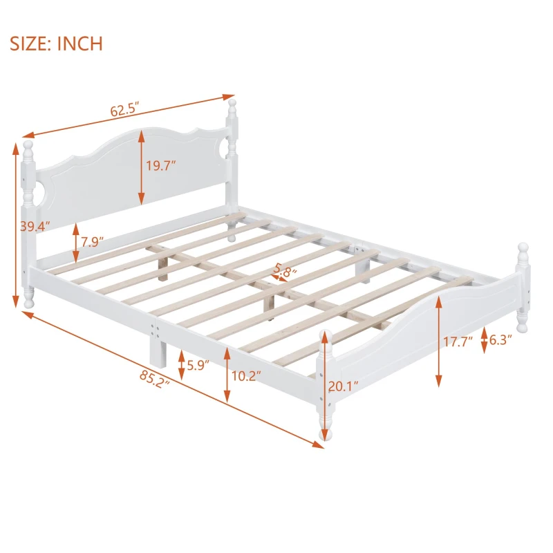 Queen Size Wood Platform Bed with Retro Headboard and 10 Slats, White Wood-Finished Bed Frame with Plywood, 85'' L x 62.5'' W x 39.5'' H, White