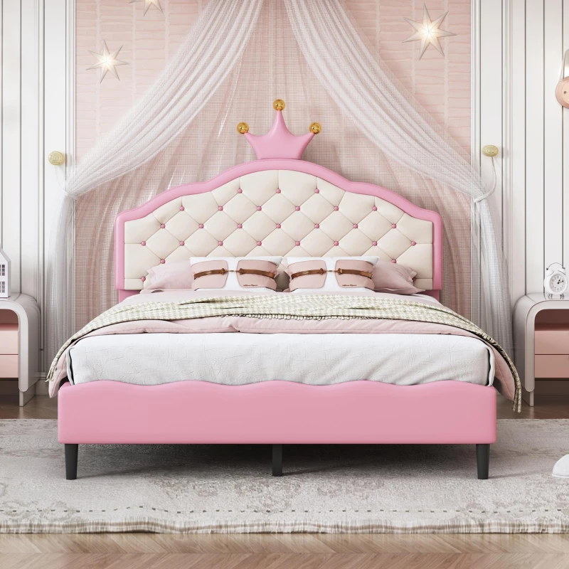 Full Size Princess Platform Bed with Crown-Tufted Headboard, Sturdy Bed Frame for Kid-Friendly Bedrooms, 77.5'' L x 56'' W x 48.5'' H, Pink