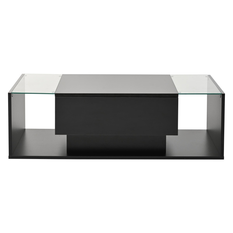 High-Gloss Coffee Table with Tempered Glass Storage, Compact Center Table with Semi-Open Shelf, 39.5″ L x 19.5″ W x 12″ H, Black