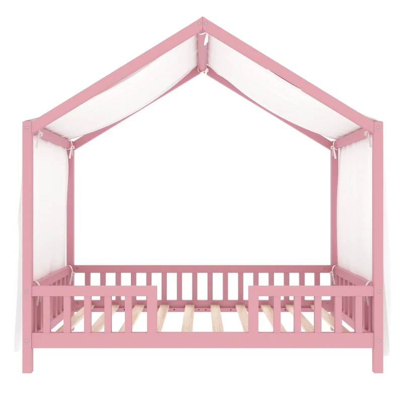 Twin-Size House-Style Toddler Bed Frame with 4-Sided High Railings, Montessori Floor Bed with Canopy, 78.5'' L x 41.5'' W x 78'' H, Pink