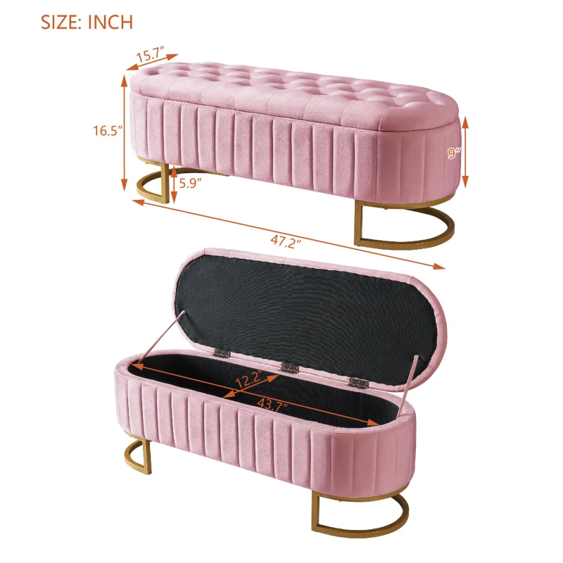Upholstered Velvet Storage Ottoman with High-Resilience Foam Seat, Button-Tufted Storage Bench with Hidden Storage, 47'' L x 15.5'' W x 16.5'' H, Pink