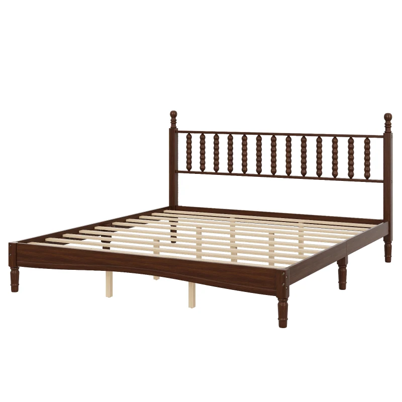 King-Size Wood Platform Bed with Gourd-Shaped Headboard, Sturdy Wooden Frame for Classic or Eclectic Interior, 84.5'' L x 79'' W x 45'' H, Walnut