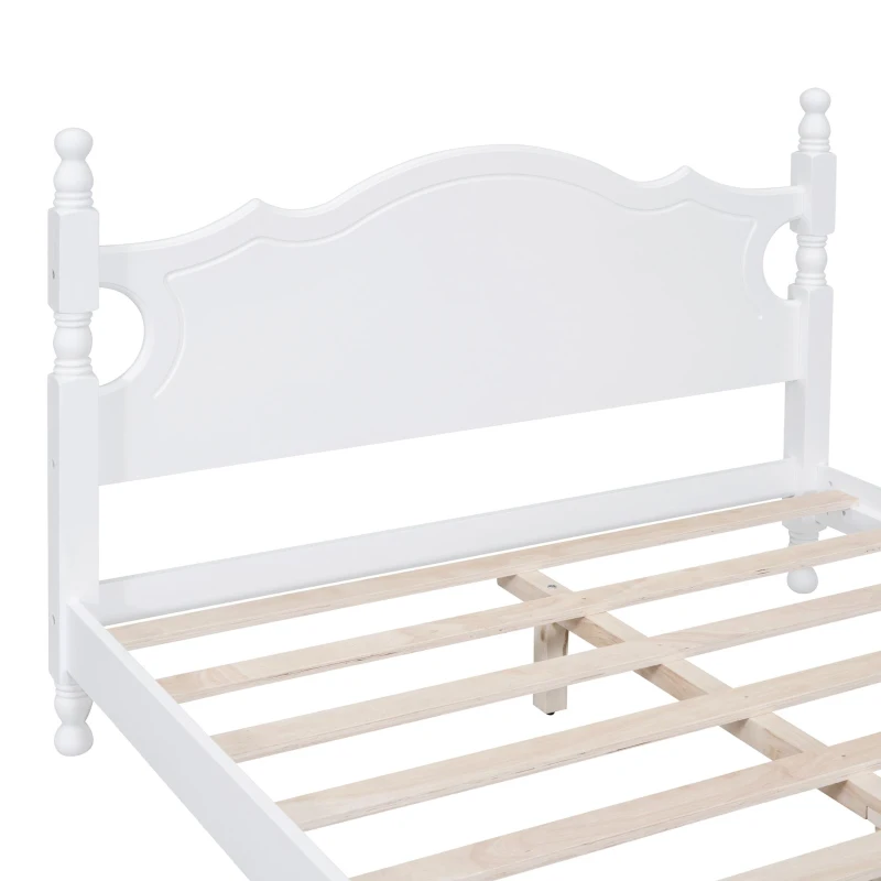 Full Size Platform Bed with 10 Plywood Slats and Wood-Finished Headboard, Retro-Style Bed Frame with Plywood, 80'' L x 56'' W x 39.5'' H, White