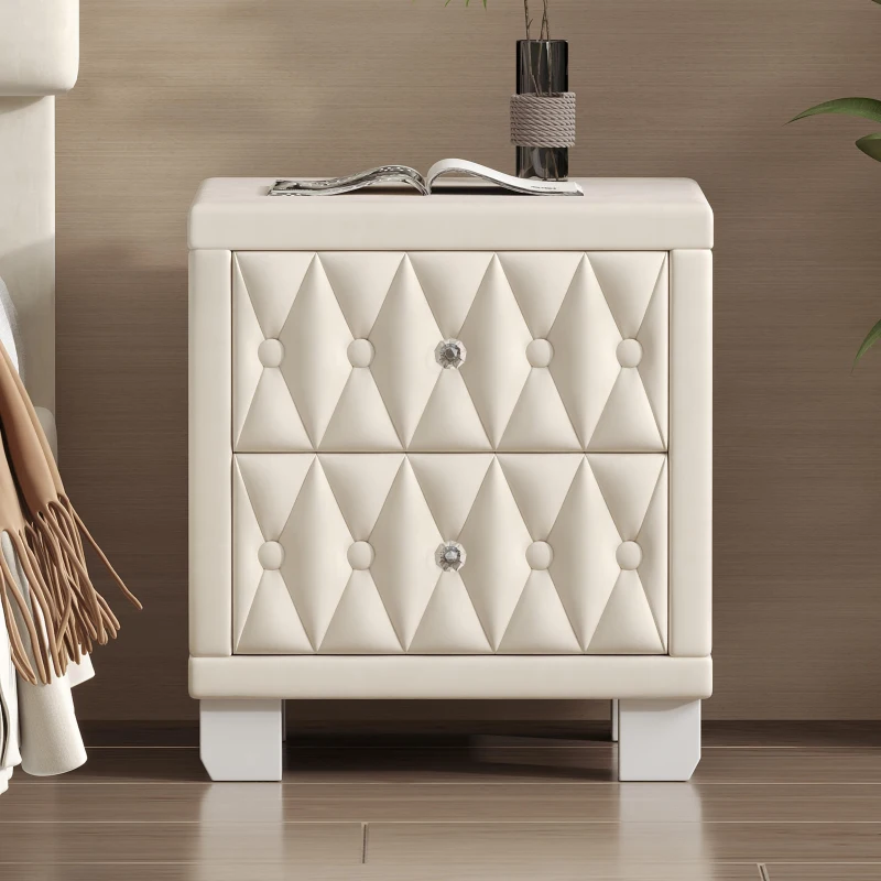 Elegant Velvet Nightstand with Button‑Tufting and Sparkling Crystal Knob, Solid Bedside Table with Generous Storage, 18'' L x 18'' W x 20'' H, Beige