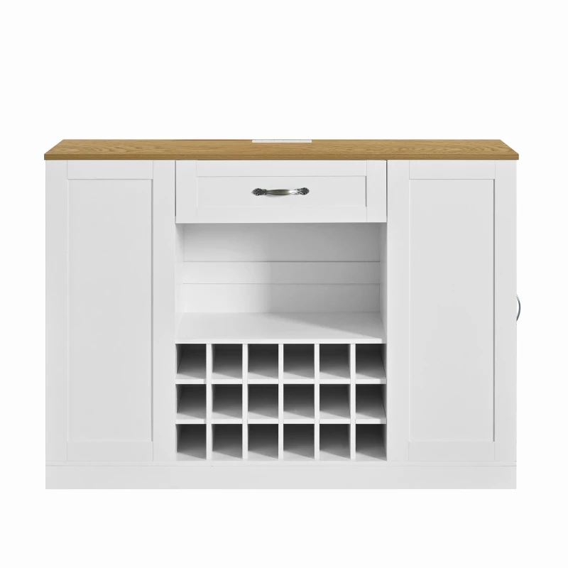 Modern Wine Bar Cabinet with Built-In Power Outlet, Versatile Sideboard with Adjustable Shelves, 47" L x 15.5" W x 34" H, White+Natural